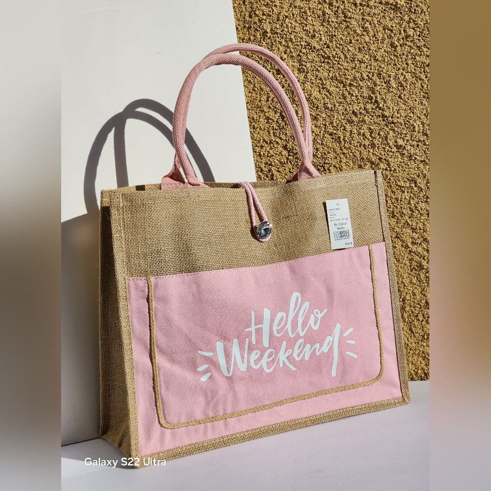 Women's Hello Weekend Light Pink & White Burlap Tote Bag - Picture 4 of 8